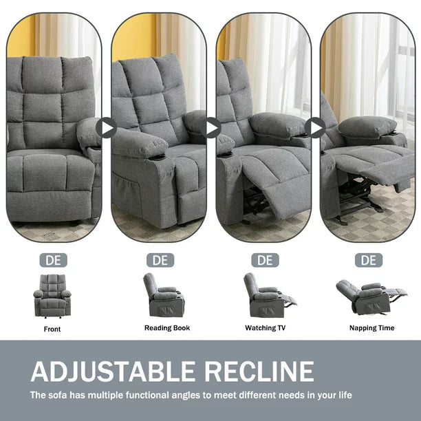 Recliner Chair Rocker Recliner with Massage and Heat Soft Fabric Reclining Chair Mickhel's - Manual Rocking Recliner Chair with 2 Cup Holders, USB Charge Port and Side Pocket,Grey