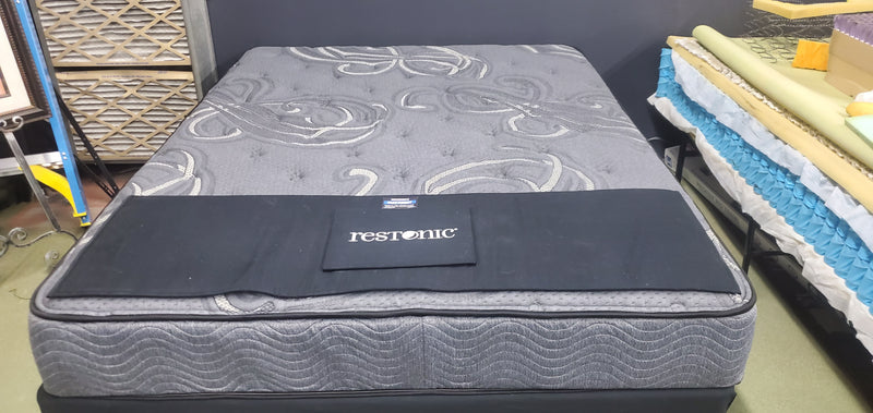 Queen Restonic Hybrid Mattress, Amish Box Spring, and a universal steel bed frame