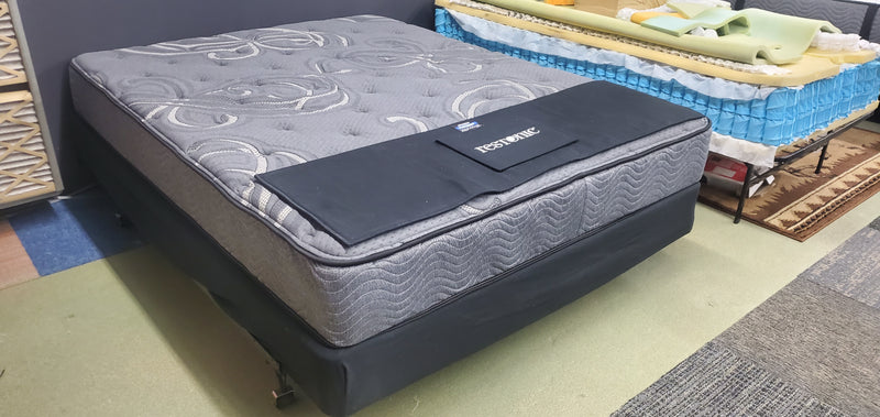 Queen Restonic Hybrid Mattress, Amish Box Spring, and a universal steel bed frame