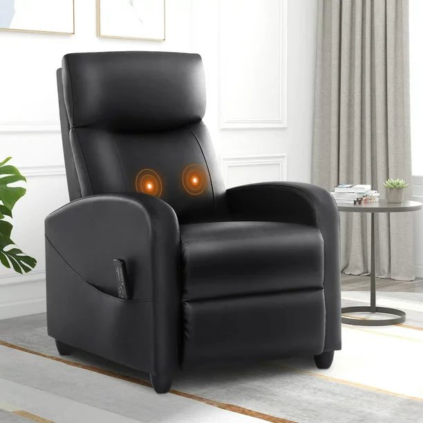 Mickhel's - Recliner Chair PU Leather Chair with Padded Seat and Massage Backrest for Home Theater Living Room, Black