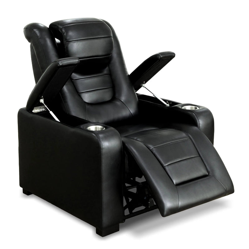 The Theater Recliner is upholstered in a durable synthetic material that offers the look of real leather. The material is made with 70% polyester and 30% PVC.