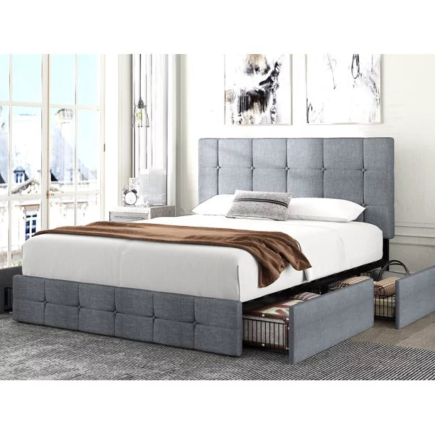 Mickhel's -  Queen Size Platform Bed Frame with Headboard and 4 Storage Drawers, Button Tufted Style