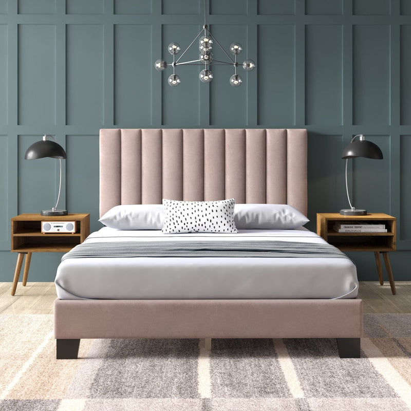 Upholstered Queen Platform Bed with Nightstands in Blush