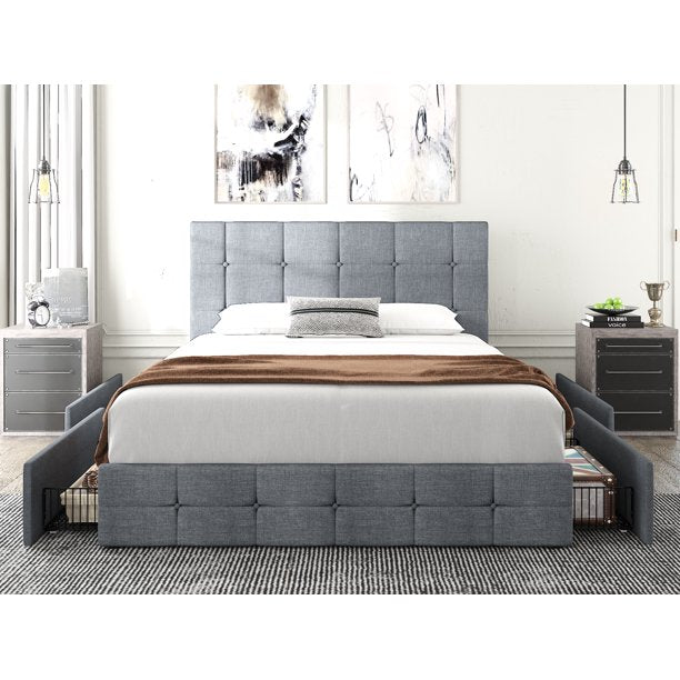 Mickhel's -  Queen Size Platform Bed Frame with Headboard and 4 Storage Drawers, Button Tufted Style