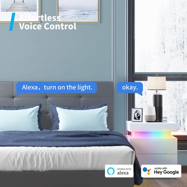 Mickhel's - Bed Frame with Smart LED Strip Light, RGB LED Light Controlled by Alexa or APP