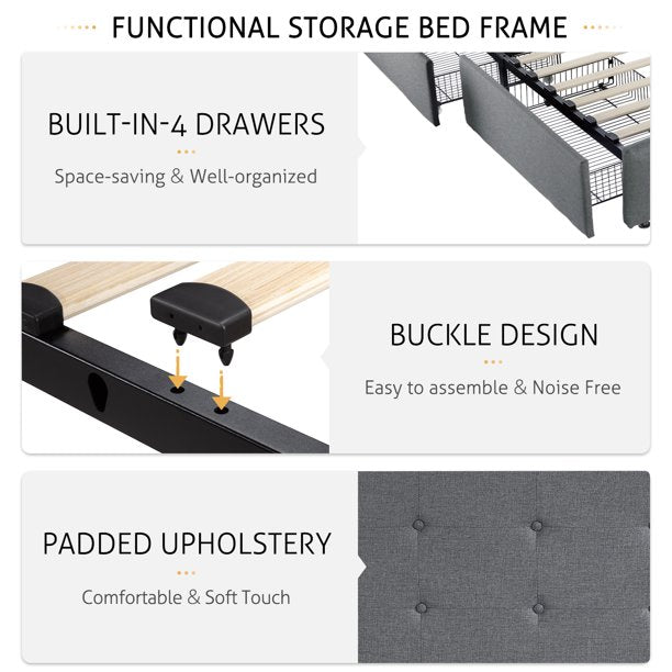 Mickhel's - Upholstered Platform Bed Frame with 4 Storage Drawers
