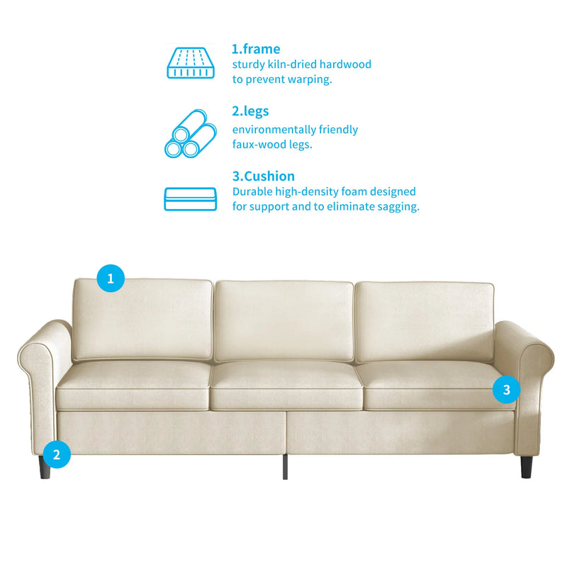 Mickhel's - Linen 3-Seater Sofa with 5.9" Upholstered Cushion for Living Room (Beige)