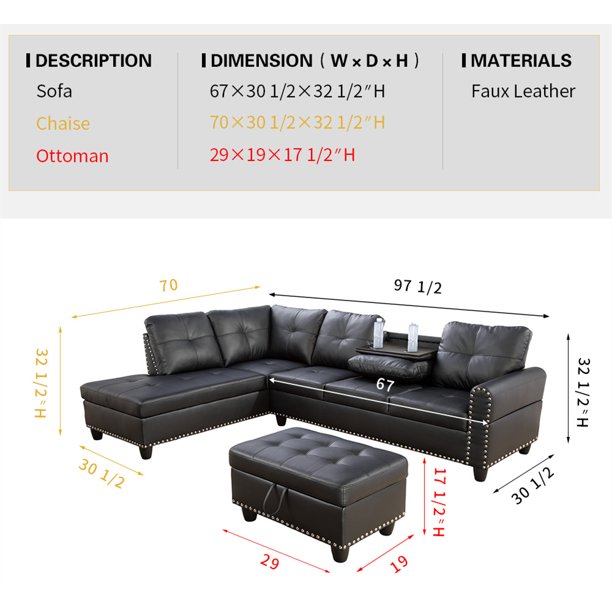 Mickhel's collection Leather Sectional Sofa with Storage Ottoman and Matching Pillows