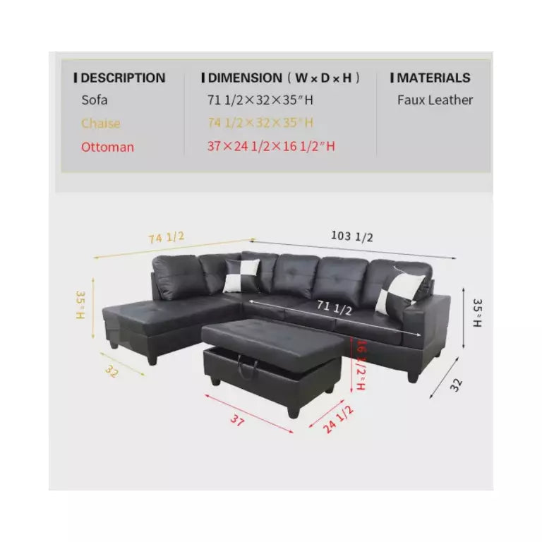 Mickhel's - Faux Leather 3 Piece Sectional Sofa Couch Set, L-Shaped Modern Sofa with Chaise Storage Ottoman and Pillows